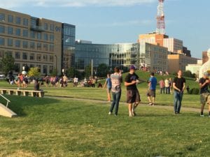 Pokemon Go players take over Western Gateway Park in downtown Des Moines, Iowa.